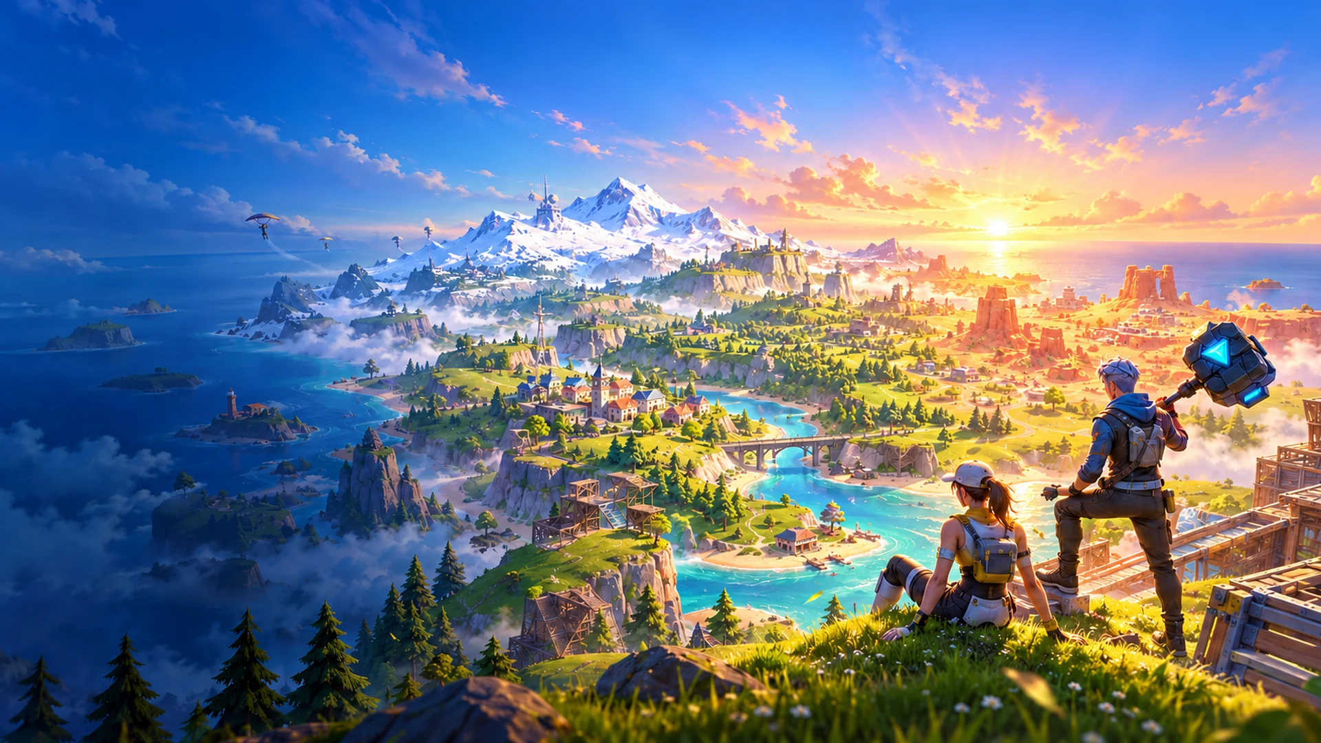 Arte de S1 Remastered 2.0: isla clásica al amanecer con río azul, montañas y aventureros.